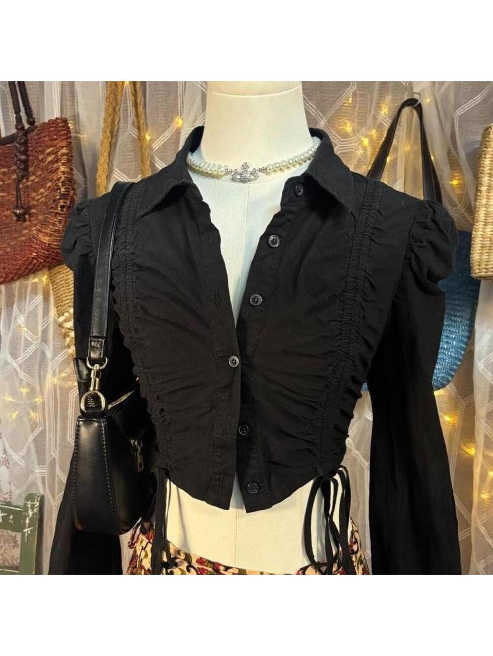 Rehab Black Ruched Corset Crop Top Goth Coquette Fairy Grunge Y2K Puff Sleeve L